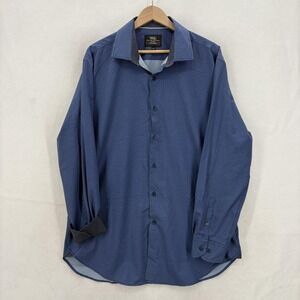 WRK Dress Shirt Mens 17.5 34/35 Blue Geo Print 4-Way Stretch Button Down Work